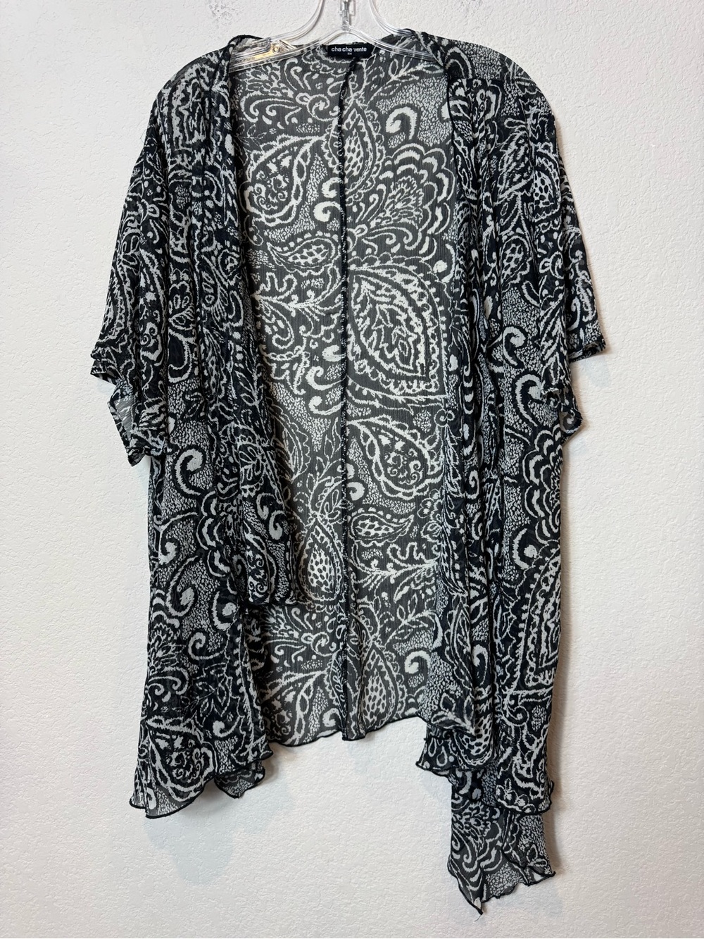 cha cha vente Black and White Paisley Sheer Open Cardigan Kimono Short Sleeve 3X